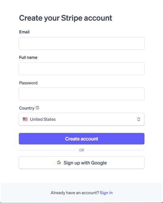 stripe create an account form
